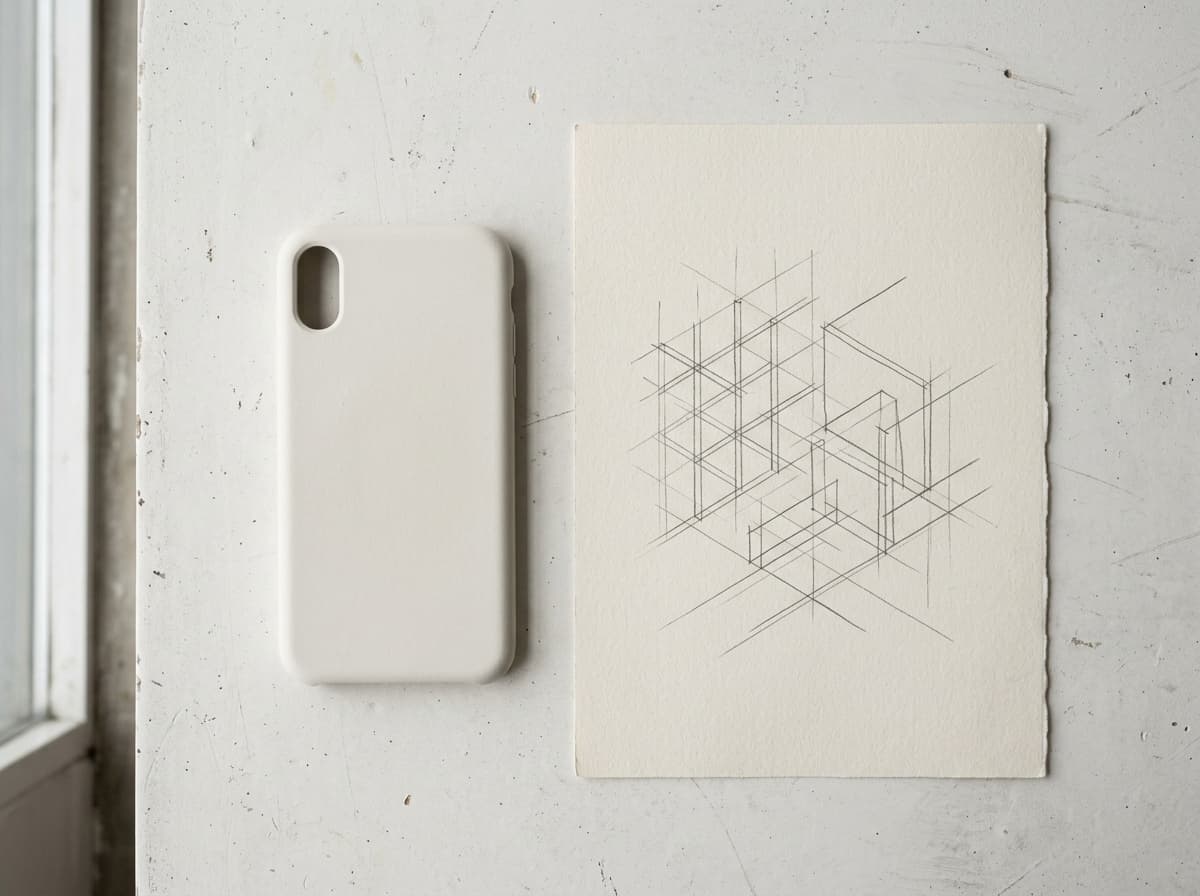 Raw phone case studio flat lay with graphite architectural sketch